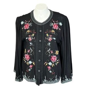 SOLITAIRE Black Embroidered Floral Button Front Linen Blouse Women's Size M